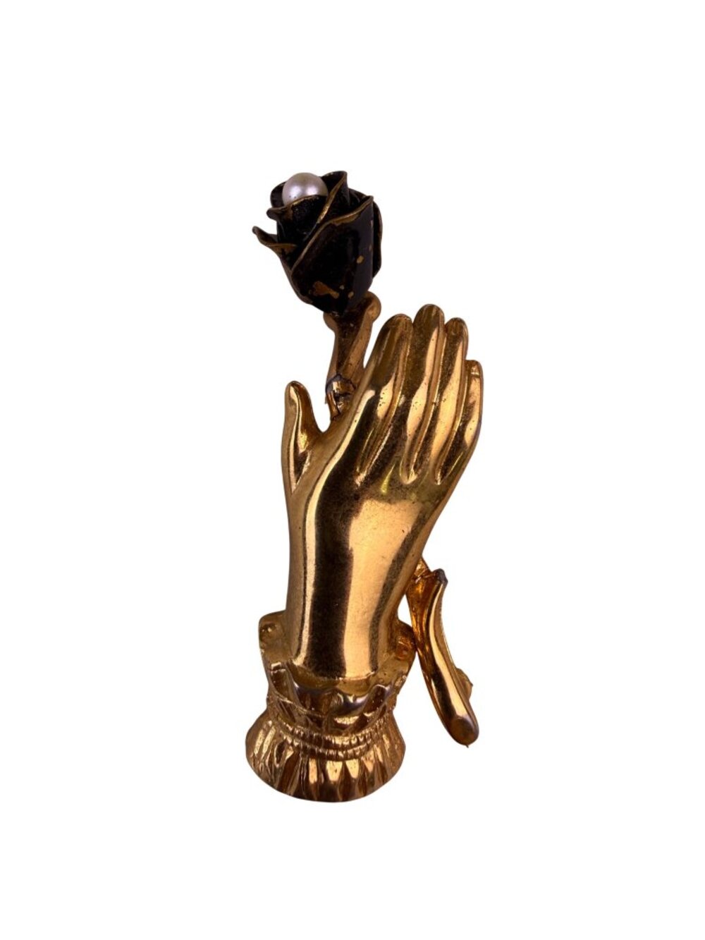 Vintage Unknown Gold Tone Metal & Enamel Hand Holding Rose Flower Brooch Pin